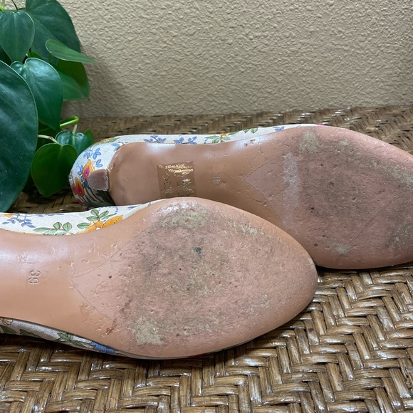 Lundi Bleu Floral Fringe Detail Round Toe Satin Multi Slip-on Kitten Heel - Picture 7 of 11